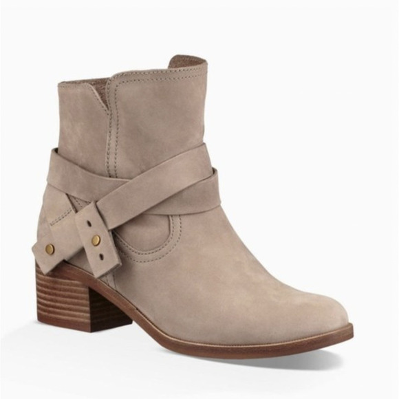UGG Nubuck Suede Leather Taupe Buckle Heeled Bootie - Picture 1 of 9